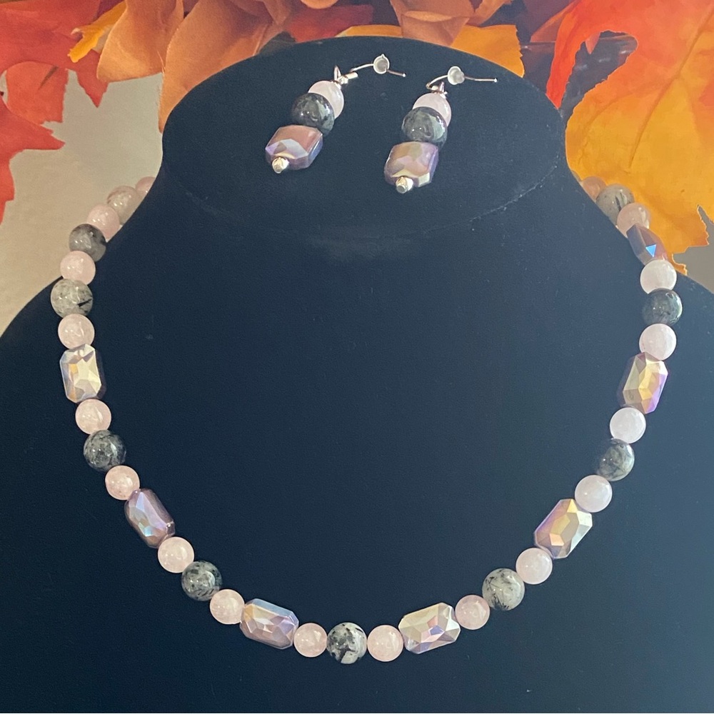 Elegant Beaded Tourmaline, Rose Quartz, and Glass Necklace and Earrings Set